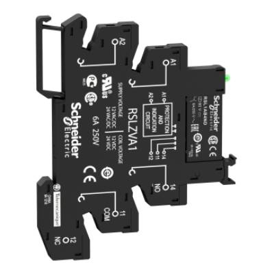 Slim interface relay pre-assembled, 6 A, 1 CO, LED, protection module, spring terminal, 12 V AC - Schneider Electric - RSL1PVJU