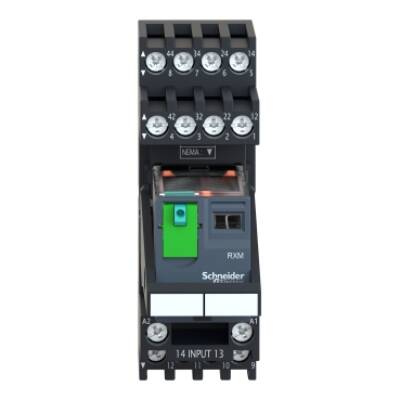 Harmony, Miniature plug-in relay pre-assembled, 10 A, 2 CO, with LED, with lockable test button, mixed terminals socket, 24 V DC - Schneider Electric - RXM2AB2BDPVM