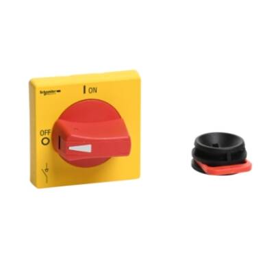 Disconnect switch, TeSys VLS, protruding rotary handle, hole mounting, 65x65mm, red handle, 5mm shaft - Schneider Electric - VLSH2H5R