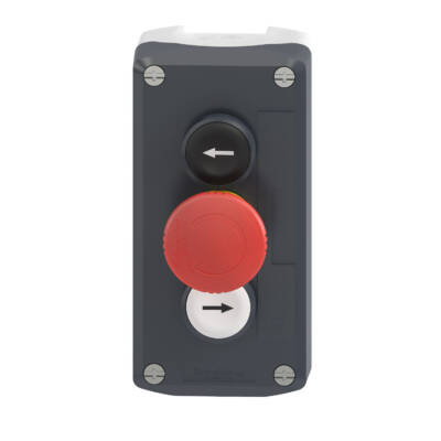 Control station, plastic, dark grey lid, 2 flush push buttons Ø22, marked UP ARROW / DOWN ARROW, 1 red mushroom Ø30 - Schneider Electric - XALD328
