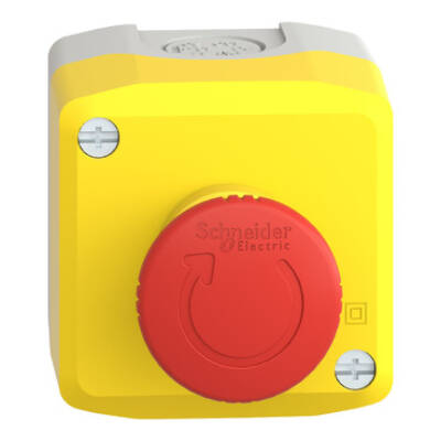 Harmony, Control station, plastic, yellow, 1 red mushroom head push button Ø40, emergency stop turn to release, 1 NC, legend holder EMERGENCY STOP - Schneider Electric - XALK1781H29