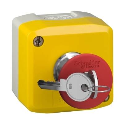 Harmony XALD, XALK, Control station, plastic, yellow lid, 1 red mushroom push button Ø40, key release, 1 NC - Schneider Electric - XALK188