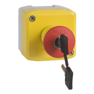 Control station, plastic, yellow lid, 1 red mushroom push button Ø40, key release, 1 NO + 2 NC - Schneider Electric - XALK188G