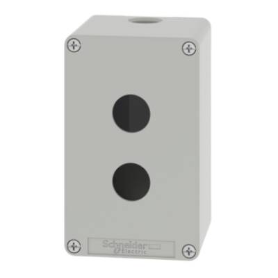 Empty enclosure, zinc alloy, grey RAL 7032, 2 cut-outs, Ø22 mm, 80x130x77 mm - Schneider Electric - XAPG29502