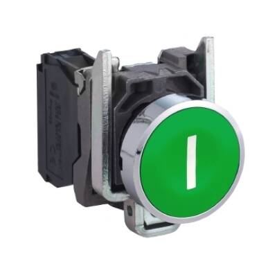 Push button, metal, flush, green, Ø22, spring return, marked I, 1NO - Schneider Electric - XB4BA3311