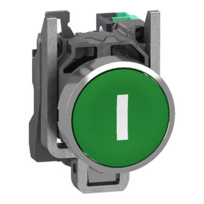 Push button, Harmony XB4, metal, flush, green, 22mm, spring return, white marked I, 1 NO, compact push in terminals - Schneider Electric - XB4BA33115