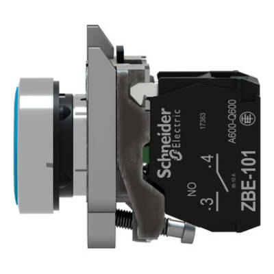 Push button, metal, flush, blue, Ø22, spring return, unmarked, 1 NO - Schneider Electric - XB4BA61