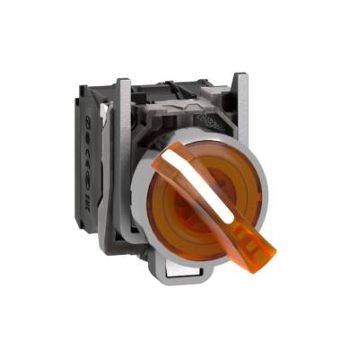 Illuminated selector switch, Harmony XB4, metal, orange handle, 22mm, universal LED, 2 positions, 1NO + 1NC, 230...240V AC - Schneider Electric - XB4BK125M5