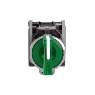 Illuminated selector switch, Harmony XB4, metal, green handle, 22mm, universal LED, 3 positions, 1NO + 1NC, 24V AC DC - Schneider Electric - XB4BK133B5