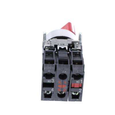 Illuminated selector switch, Harmony XB4, metal, red handle, 22mm, universal LED, 3 positions, 1NO + 1NC, 230...240V AC - Schneider Electric - XB4BK134M5