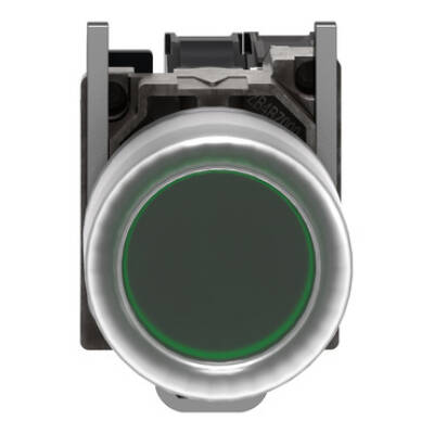 Complete illuminated push button, Harmony XB4, metal, flush, green, Ø22 mm, spring return, booted, 24...120 V AC/DC, 1 NO, ATEX - Schneider Electric - XB4BP383BG5EX