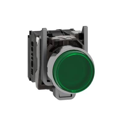 Illuminated push button, Harmony XB4, green flush, universal LED, 22mm, spring return, plain lens, 1NO + 1NC, 24V - Schneider Electric - XB4BW13B5