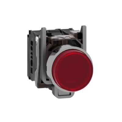 Illuminated push button, Harmony XB4, red flush, universal LED, 22mm, spring return, plain lens, screw clamp terminals, 1NO + 1NC, 110…120V - Schneider Electric - XB4BW14B5