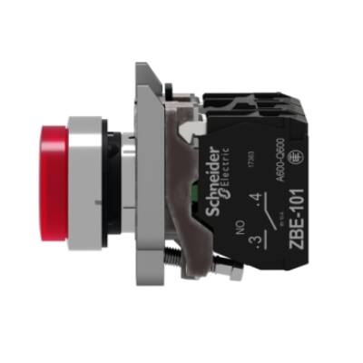 Illuminated push button, Harmony XB4, red flush, universal LED, 22mm, spring return, plain lens, screw clamp terminals, 1NO + 1NC, 110…120V - Schneider Electric - XB4BW14B5