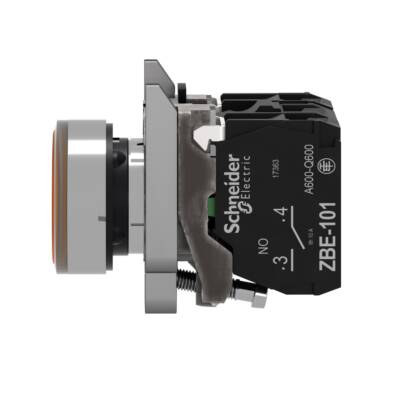 Illuminated push button, Harmony XB4, metal, orange flush, 22mm, universal LED, plain lens, 1NO + 1NC, 110...120V AC - Schneider Electric - XB4BW35G5