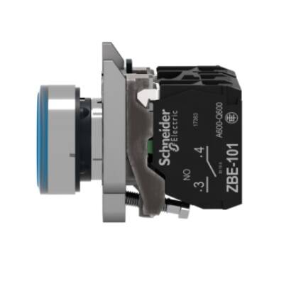 Illuminated push button, Harmony XB4, metal, blue flush, 22mm, universal LED, plain lens, 1NO + 1NC, 24V AC DC - Schneider Electric - XB4BW36B5