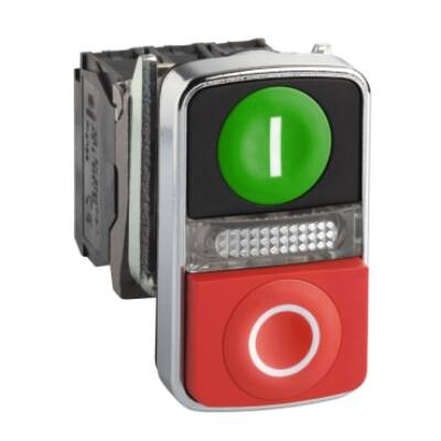 Illuminated double-headed push button, metal, Ø22, 1 green flush I + 1 pilot light + 1 red projecting O, 1 NO + 1 NC - Schneider Electric - XB4BW73731B5