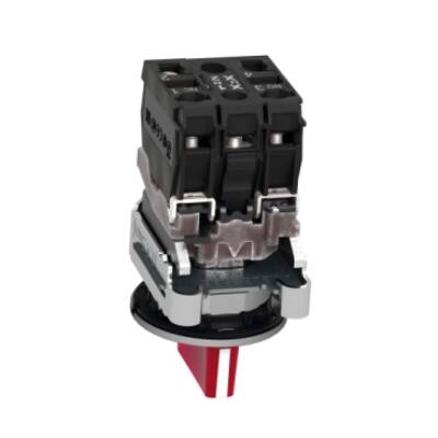 Illuminated selector switch, Harmony XB4, metal, red handle, 30mm, universal LED, 3 positions, 1NO + 1NC, 24V AC DC - Schneider Electric - XB4FK134B5