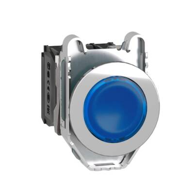 Illuminated push button, Harmony XB4, metal, blue flush mounted, 30mm, universal LED, plain lens, 1NO + 1NC, 24V AC DC - Schneider Electric - XB4FW36B5