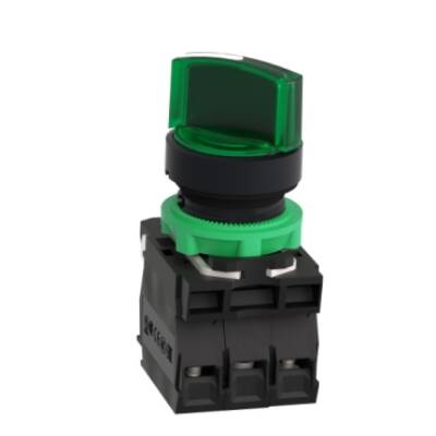 Illuminated selector switch, Harmony XB5, grey plastic, green handle, 22mm, universal LED, 2 positions, 1NO + 1NC, 110...120V AC - Schneider Electric - XB5AK123G5