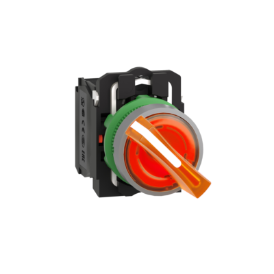 Illuminated selector switch, Harmony XB5, universal LED, grey bezel, orange handle, 22mm, 2 positions, stay put, 1NO + 1NC, 24V AC DC - Schneider Electric - XB5AK125B5C0