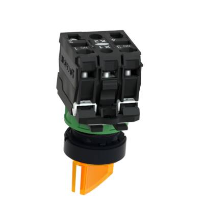 Illuminated selector switch, Harmony XB5, grey plastic, orange handle, 22mm, universal LED, 2 positions, 1NO + 1NC, 230...240V AC - Schneider Electric - XB5AK125M5