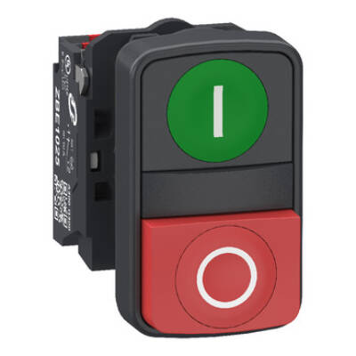 Double headed push button, Harmony XB5, plastic, 22mm, 1 green marked I + 1 red projecting marked O, 1NO+1NC, push in - Schneider Electric - XB5AL734155