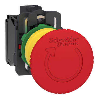 Emergency stop switching off, Harmony XB5, plastic, red mushroom 40mm, 22mm, trigger latching turn to release, 2NC with monitoring - Schneider Electric - XB5AS84462