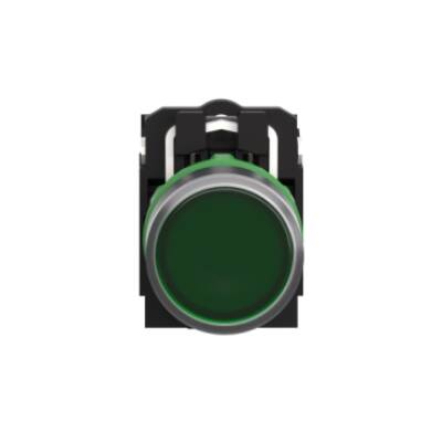 Illuminated push button, Harmony XB5, plastic, flush, green, 22mm, universal LED, plain lens, 1NO + 1NC, 110...120V AC - Schneider Electric - XB5AW33G5