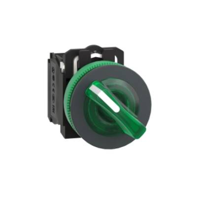 Illuminated selector switch, Harmony XB5, grey plastic, green handle, 30mm, universal LED, 2 positions, 1NO + 1NC, 24V AC DC - Schneider Electric - XB5FK123B5