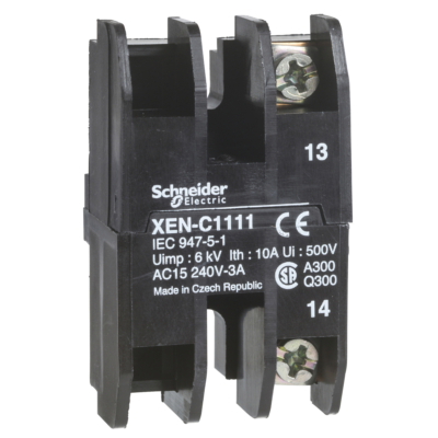 spring return contact block - 1 OC + 1 NO - front mounting, 30 or 40 mm centres - Schneider Electric - XENB1491