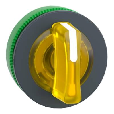 Head for illuminated selector switch, Harmony XB5, plastic, yellow handle, universal LED, 3 positions, left to center - Schneider Electric - ZB5FK1783