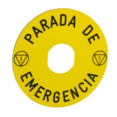 marked legend Ø90 for emergency stop -PARADA DE EMERGENCIA/logo ISO13850 - Schneider Electric - ZBY8430