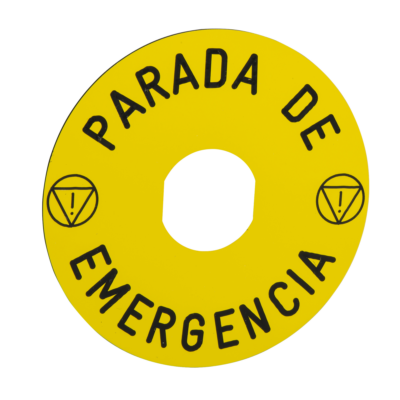 marked legend Ø90 for emergency stop -PARADA DE EMERGENCIA/logo ISO13850 - Schneider Electric - ZBY8430