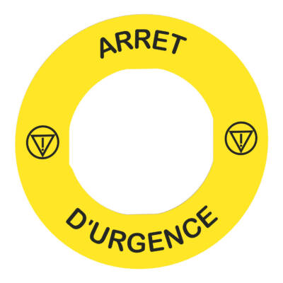 Legend holder Ø60 for emergency stop, plastic, yellow, for padlocking, marked ARRET D'URGENCE - Schneider Electric - ZBY9130T