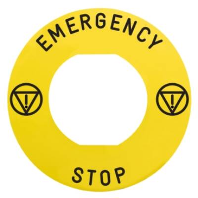 Marked legend, Harmony XB4, Harmony XB5, Ø 60 for emergency stop, EMERGENCY STOP/logo ISO13850 - Schneider Electric - ZBY9330M