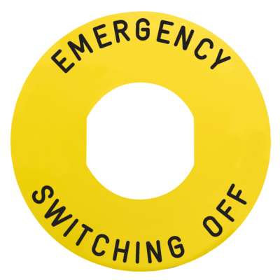 Marked legend, Harmony XB5, Harmony XB4, Ø 60 for emerg. switch. off, EMERGENCY SWITCHING OFF/logo ISO13850 - Schneider Electric - ZBY9360