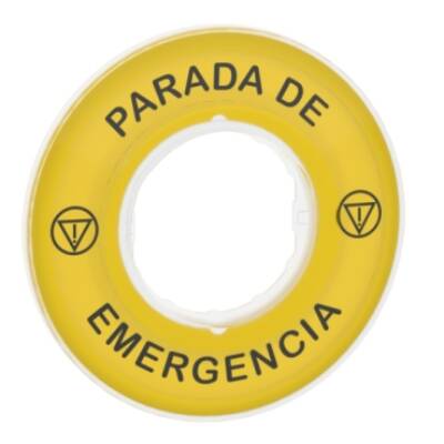 Harmony XB4, Legend, plastic, yellow, Ø90, for emergency stop, marked PARADA DE EMERGENCIA with logo ISO13851 - Schneider Electric - ZBY9420