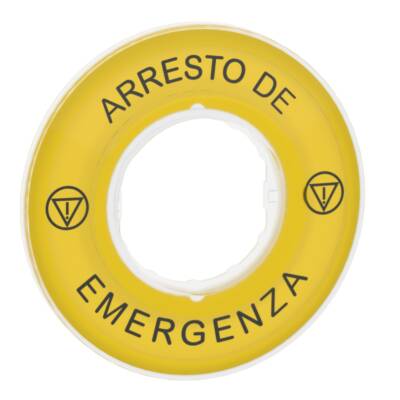 Harmony XB4, Legend, plastic, yellow, Ø90, for emergency stop, marked ARRESTO DE EMERGENZA with logo ISO13852 - Schneider Electric - ZBY9620